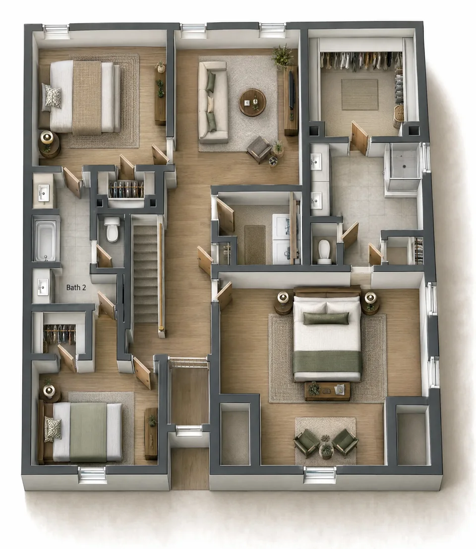 The Alston 2nd floor 3D dollhouse floor plan