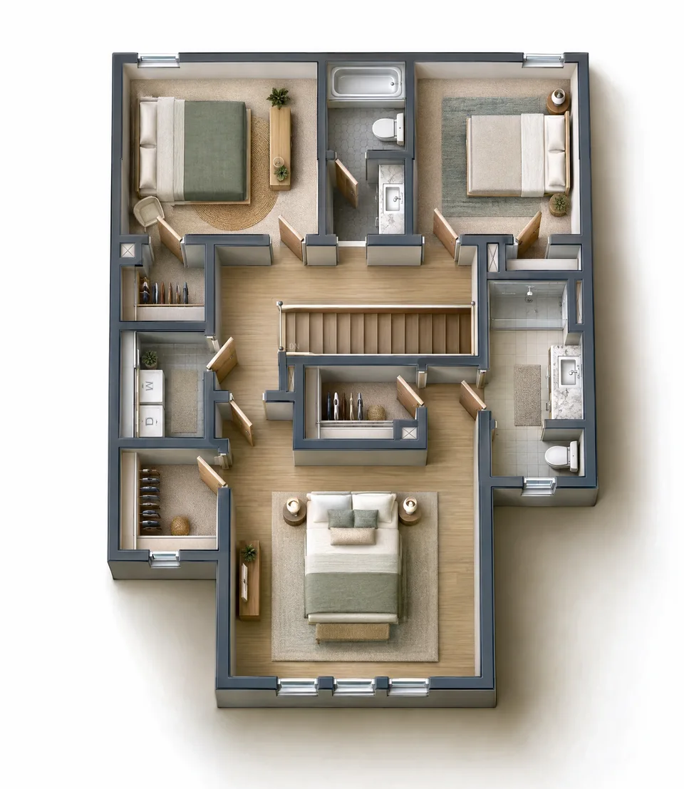 The Azalea 2nd floor 3D dollhouse floor plan