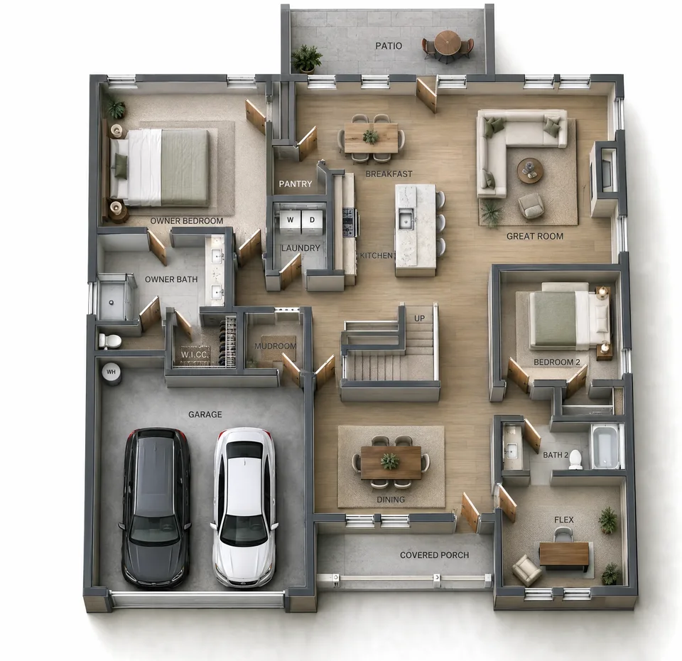 The Dalton 1st floor 3D dollhouse floor plan