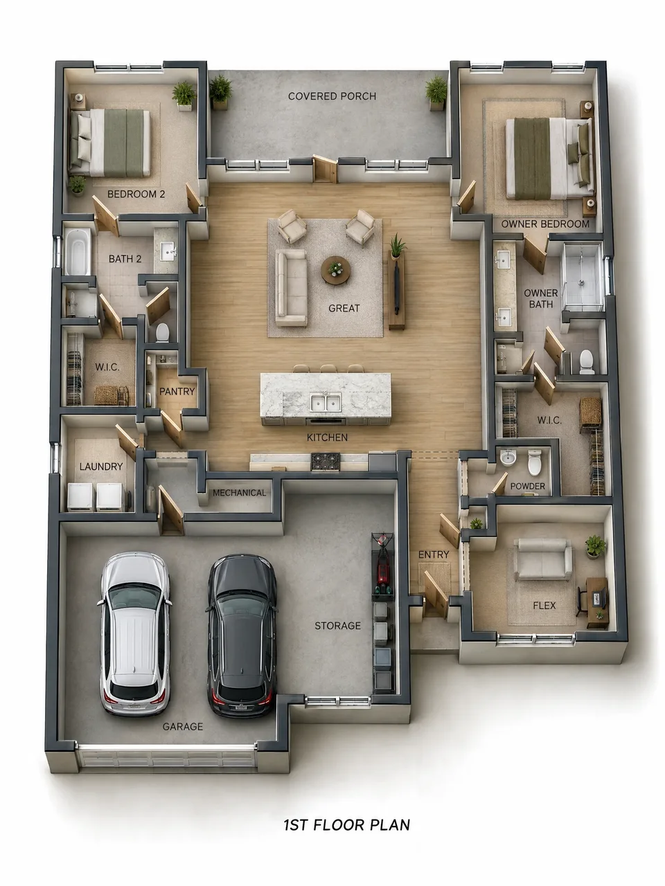 The Lanier 1st floor 3D dollhouse floor plan