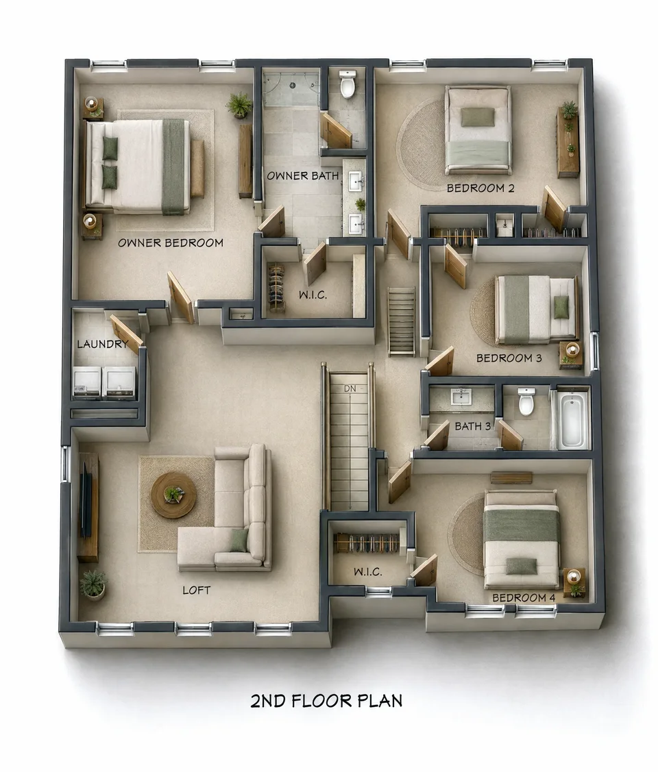 The Lily 2nd floor 3D dollhouse floor plan