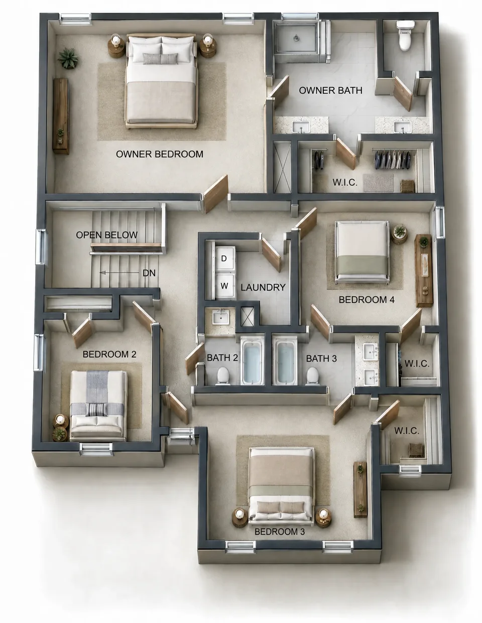 The Perry 2nd floor 3D dollhouse floor plan