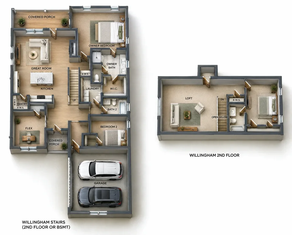 The Willingham 2nd floor 3D dollhouse floor plan